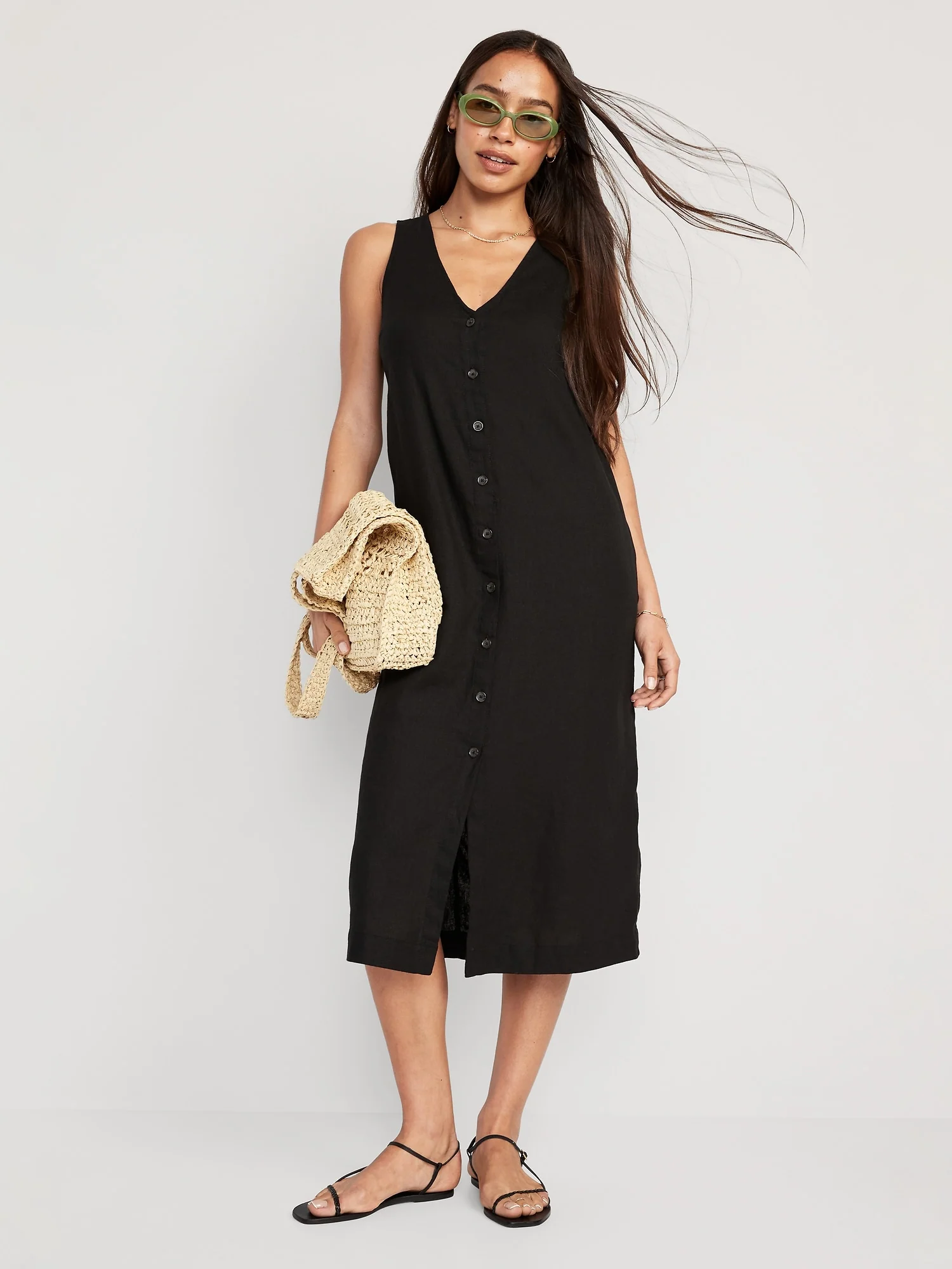 Sleeveless Button-Front Linen-Blend Maxi Shift Dress for Women - Image 3
